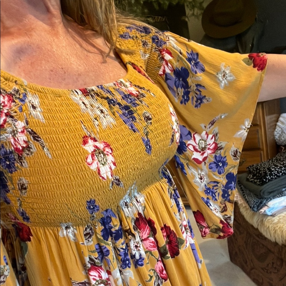 Floral Mustard top with Bell Sleeves